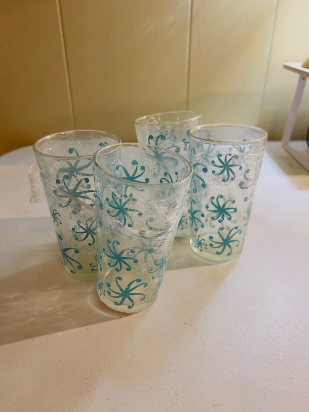Set of 4 Vintage Mid-Century Modern Atomic Turquoise Starburst Tumbler Glasses